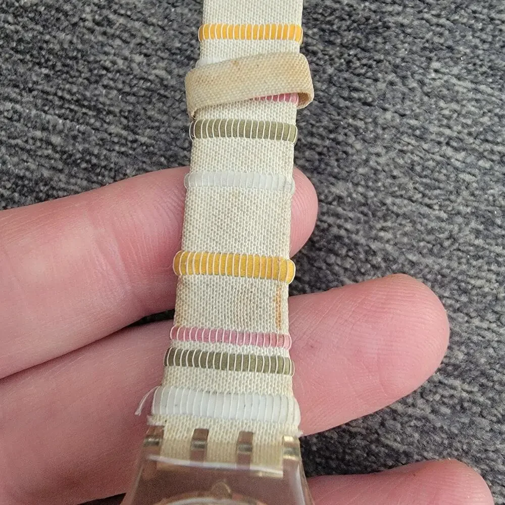 Vintage Swatch Womens Watch Clear Case Silver Dial Striped Fabric Strap Quartz